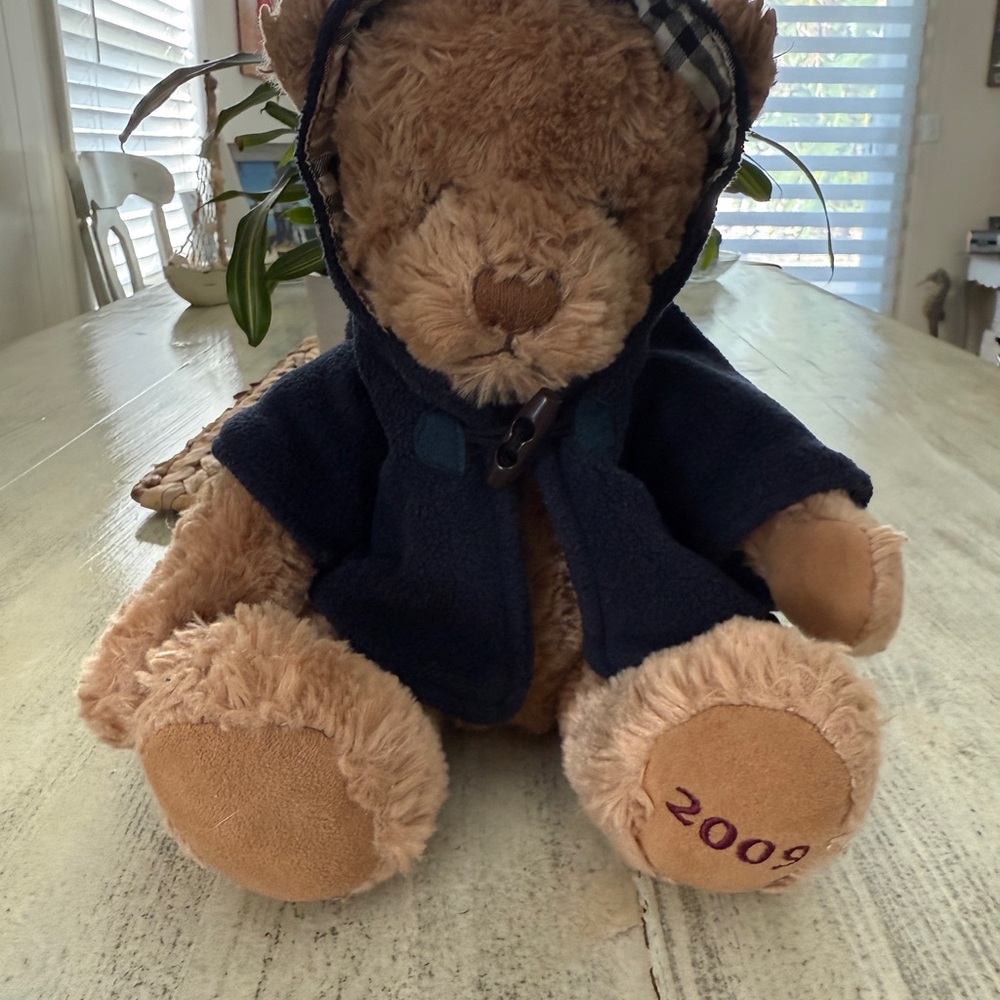 Burberry 2009 Brown Teddy Bear with Navy Blue Hoodie-signature Burberry pattern. - Picture 3 of 8